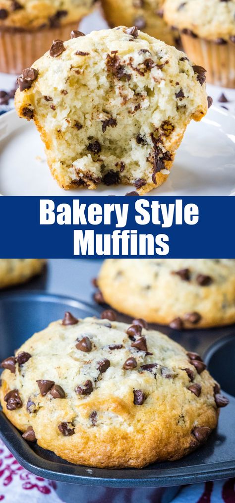 Bakery-Style Chocolate Chip Muffins – These tender, fluffy muffins are loaded with melty chocolate chips and have that perfect, bakery-worthy dome. #muffins #brunch #recipes #bakerystyle Chocolate Chip Muffins With Sour Cream, Chocolate Chip Breakfast Recipes, Big Bakery Style Muffins, Bulk Muffin Recipe, Homemade Muffin Recipes, Big Chocolate Chip Muffins, Joanna Gaines Muffins, Bakery Chocolate Chip Muffins, Muffin Mix Recipes Ideas