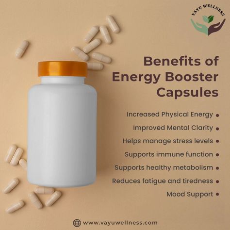 Energy booster capsules enhance stamina, improve mental focus, combat fatigue, and support overall vitality. Ideal for boosting physical performance and daily energy levels. Visit 👉 www.vayuwellness.com #EnergyBoost #Stamina #Wellness #VayuWellness Energy Booster, Mood Support, Boost Energy Naturally, Daily Energy, Herbal Products, Energy Boosters, Boost Energy Levels, Mental Focus, Healthy Metabolism