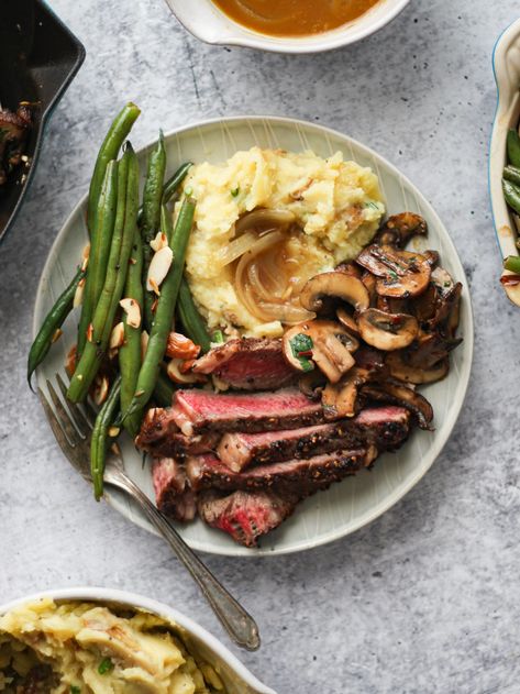 The Ultimate Steak Dinner - Clean Foodie Cravings Rib Eye Recipes, Thanksgiving Dinners, Whole 30 Meal Plan, Lemon Green Beans, Steak Plates, Garlic Mashed Potatoes, Garlic Mashed, Turkey Dinner, Steak Dinner