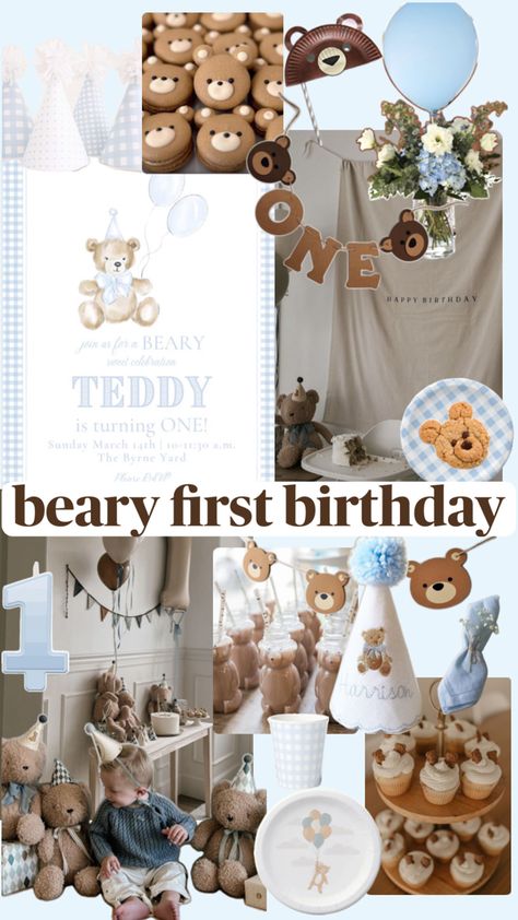 A mood board for a teddy bear themed first birthday party. The colors are brown, white and blue. There are bear themed foods, like cookies and treats. Blue balloons, and blue gingham plates, cups and party hats. Bear Themed First Birthday, Birthday Mood Board, Teddy Bear Birthday Theme, Beary First Birthday, Baby First Birthday Themes, First Birthday Balloons, Boys First Birthday Party Ideas, Teddy Bear Party, Themed First Birthday