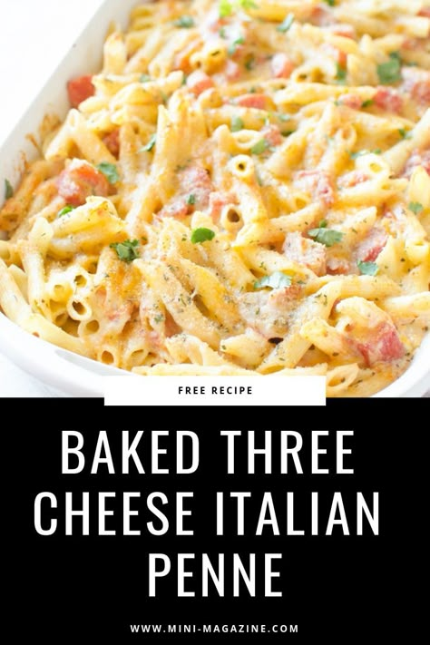 Save this easy dinner recipe as your new weeknight go-to or take it to a new mom! This baked three cheese Italian penne pasta recipe should be a part of your new easy weeknight meals line-up.  #dinner #dinnerrecipe #dinnerrecipes #pastarecipe #weeknightdinner #easydinnerrecipes #pastarecipes Dinner For Three Recipes, Three Cheese Pasta Recipes, Pasta Dishes For Christmas Dinner, Easy Dinner Recipes For Three, Birthday Dinner Meals, Three Cheese Pasta, Easy Birthday Dinner, Mini Penne Pasta Recipes, Tini Mac And Cheese Recipe Baked