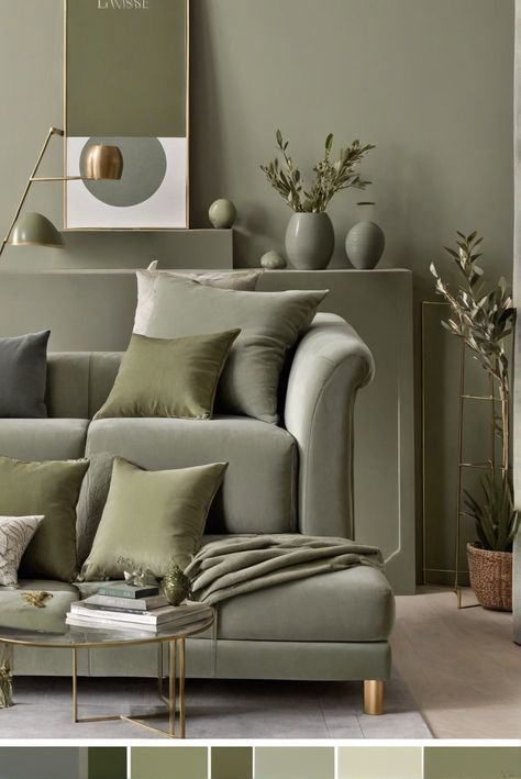 How To Set the Mood: Enchanting Atmosphere with Sage Green and Olive Gray Living Room Odyssey [2024] #Ad #homedecor #homedesign #fixhome #Painthome #interiorarchitecture Dark Gray And Olive Green Living Room, Light Grey And Olive Green Living Room, Living Room Decor Olive Green, Olive Green Aesthetic Living Room, Olive Green Home Decor Colour Palettes, Front Wall Tiles, Green Living Room Decor, Kitchen Farmhouse, Grey Color Scheme