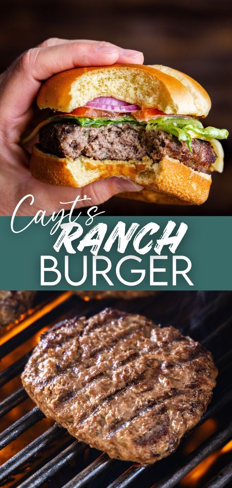 A top image of a hand holding a fully loaded burger with a bite taken out of it, and a bottom image of a close up of a fiery grill with a burger on the plate. Caprese Burger, Ranch Burgers, Homemade Ranch Dip, Cheese Burgers, Best Salads, Salad Rolls, Ranch Pasta Salad, Homemade Dinner Rolls, Homemade Hamburgers