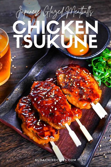 Chicken Tsukune (Japanese Glazed Meatballs) - Sudachi Recipes Izakaya Recipes, Chicken Tsukune, Japanese Bento Box Recipes, Tsukune Recipe, Japanese Meatballs, Chicken Yakitori Recipe, Izakaya Food, Chef Taro, Yakitori Recipe