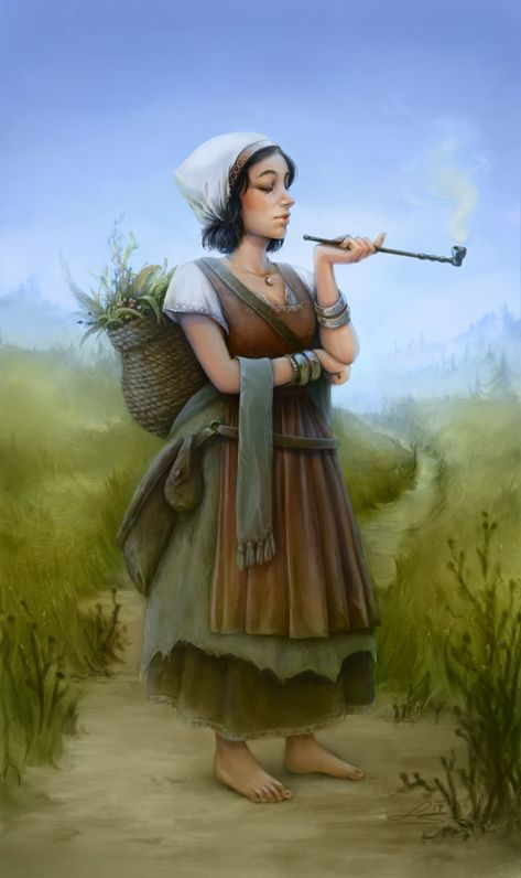 The Herbalist, Lisa Schantl on ArtStation at https://www.artstation.com/artwork/8dAaG Halfling Druid Female, Halfling Druid, Heroic Fantasy, Roleplay Characters, Fantasy Races, Dungeons And Dragons Characters, Game Inspiration, Fantasy Rpg, Medieval Fantasy