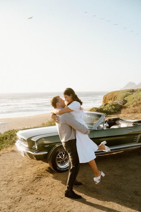 Pacific Highway Engagement Shoot | raquelkingphotography.com Mustang Photography, Car Engagement Photos, Vintage Engagement Photos, Pacific Highway, Vintage Mustang, Candid Engagement Photos, King Photography, King Photo, Engagement Locations