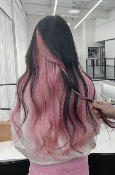 Brown Hair With Pink Peak A Boo, Brunette Pink Peekaboo, Dark Hair With Light Pink Highlights, Long Brown Hair With Pink Highlights, Brown Hair Dyed Pink No Bleach, Black And Pink Hair Ombre, Pastel Goth Hair Colors, Black Hair With Light Pink Highlights, Pink Hair With Black Highlights