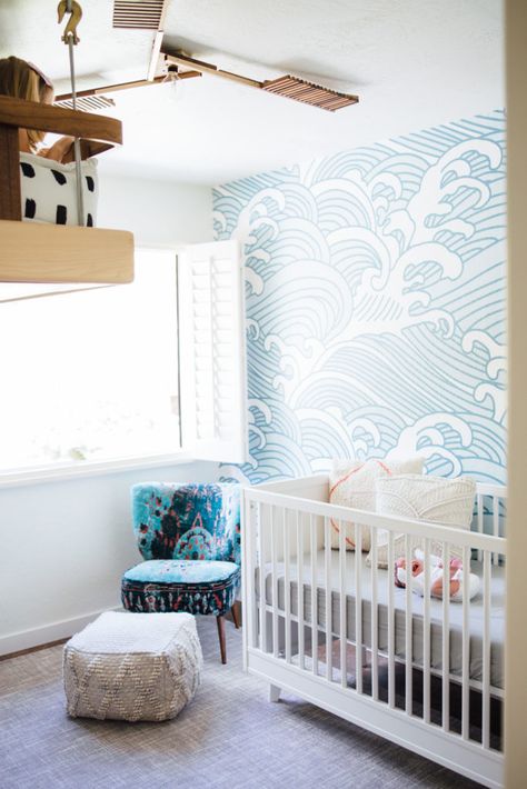 Jeff and Lisa Allen Nursery Design. Blue wave wall. Plus a blue and white themed nursery with touches of grey. Read this post to see how mom blogger Lisa Allen styled her nursery for daughter Ozzy. #babygirl #nursery #babygirlnursery Wallpaper Boy Nursery, Peel And Stick Wallpaper Kids, Nursery Wallpaper Boy, Wallpaper Boy, Material Finishes, Wave Wallpaper, Nautical Wallpaper, Wallpaper Nursery, Peony Wallpaper