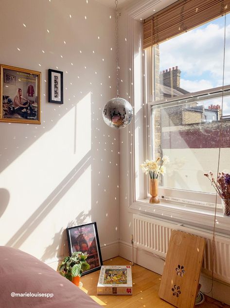 Disco Ball In Apartment, Disco Ball Window, Room Inspo Disco Ball, Window Disco Ball, Disco Balls Hanging From Ceiling Bedroom, Mini Disco Ball Decor Bedroom, Bed Room Disco Ball, College House, Dreamy Room