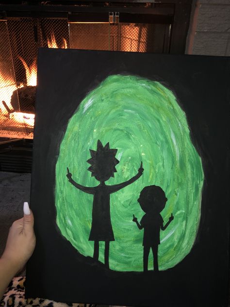 Rick and morty portal silhouette painting canvas Things To Paint On Your Wall Aesthetic, Rick Morty Painting, Nothing Is Real Painting, Rick And Morty Room Ideas, Simple Rick And Morty Painting, Painting Canvas Ideas Aesthetic, Easy Rick And Morty Painting, Rick And Morty Painting Ideas, Rick And Morty Portal Drawing