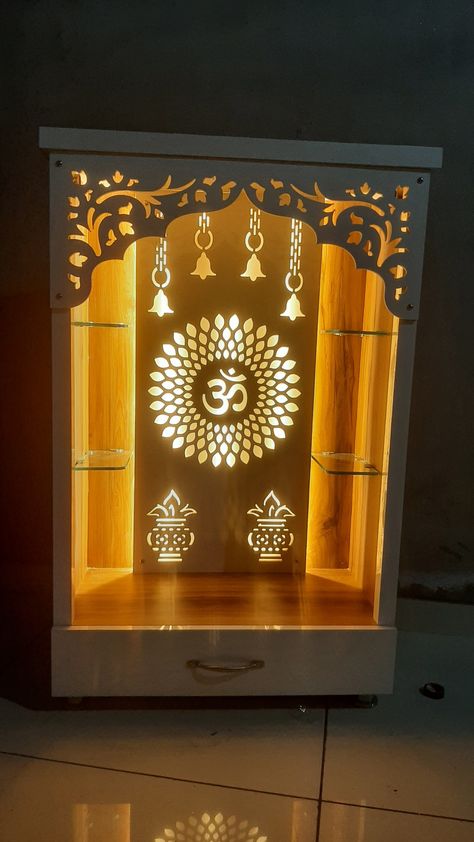 Wpc Jali Design Mandir, Puja Room Background Design, Devudi Mandiram Designs, Wood Temple Design, Wood Mandir Design, Dev Ghar Design, Mandir Back Wall Design, Wall Colour Design, Mandir Design Puja Room