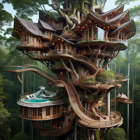 🌳✨ Dreaming of a luxurious escape? Check out this stunning modern treehouse mansion! With multiple levels connected by elegant spiral staircases and mesmerizing glass bridges, it’s the perfect blend of nature and luxury. Imagine relaxing in the hot tub or lounging in a rooftop hammock while surrounded by towering trees. 🌲🏡  #TreehouseMansion #LuxuryLiving   📸 #treehousemansion #luxuryliving #moderntreehouse #natureescape #hottubgoals Modern Tree Houses, Tree House Mansion, Forest Tree House Aesthetic, Rooftop Hammock, Treehouse Mansion, Treehouse Design Architecture, Treehouse Interior, Treetop House, Adult Tree House