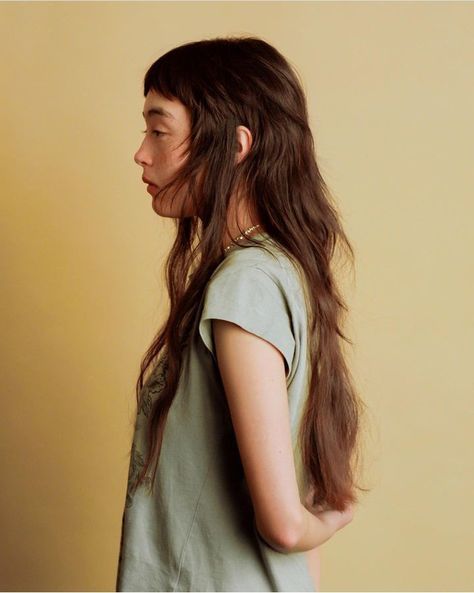 Serena Motola Queer Haircut Long Hair, Short Bangs Long Hair Layered Cuts, Long Queer Haircuts, Masc Long Hair Styles, Queer Long Hair, Micro Curtain Bangs, Long Hair Baby Bangs, Queer Hairstyles, Baby Bangs Long Hair