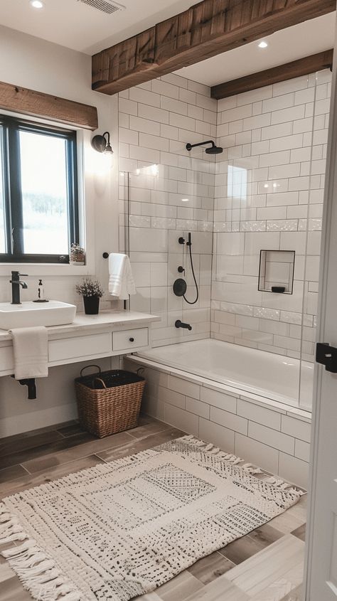 28 Modern Farmhouse Bathroom Ideas Farmhouse Bathroom Bathtub Shower Combo, Simply House Design, Ranch Style Master Bath, Modern Bathtub Ideas, Small Space Home Ideas, White And Wood House Interior Design, Modern Farmhouse Ensuite Bathroom, Bathtub In Bathroom, White Modern Farmhouse Interior