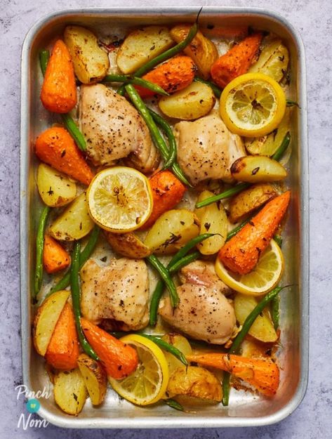 Chicken And Potato Tray Bake, One Tray Meals Oven Baked, Low Calorie Tray Bakes, Lemon Chicken Bake Recipes, One Tray Chicken, Tray Bake Chicken Recipes, Roast Chicken Tray Bake, Easy Tray Bakes Dinner, Low Calorie Chicken Bake