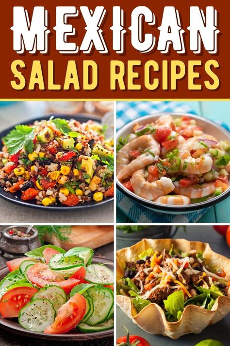 Each one of these Mexican salad recipes is better than the last! From shrimp to quesadilla to taco, you'll love these salads with a kick! Mexico Salad Recipes, Salad Mexican Recipes, Cold Mexican Dishes, Authentic Mexican Salad Recipes, Mexican Style Salad, Mexican Salads Recipes, Mexican Salads For Parties, Easy Mexican Salad, Carnitas Recipes