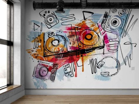 Graffiti Wallpaper For Bedroom, Basement Graffiti Wall, Modern Graffiti Wall Art, Art Room Wall Mural, House Graffiti Wall Art, Wall Mural Graffiti, Graffiti Murals Interior, Art Studio Mural Ideas, Graffiti Garage Wall