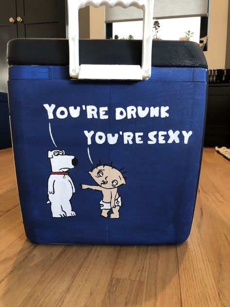 Drake Frat Cooler, Inside Frat Cooler, Beta Cooler, Bf Crafts, Stewie And Brian, Family Guy Frat Cooler, Painted Coolers For Guys, Hand Painted Coolers, Pi Kapp