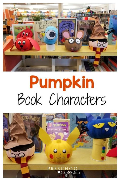 Make these pumpkin book character crafts for Halloween or fall. #preschool #kindergarten #Halloween #readalouds #literacy #crafts #pumpkinactivities Pumpkin Parade Book Characters, Book Inspired Pumpkin Decorating, Pumpkin Book Characters, Literary Pumpkins, Literacy Crafts, Book Pumpkins, Preschool Inspirations, Preschool Pumpkin, Pumpkin Story