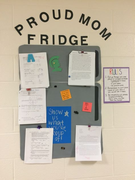 Data Display Classroom, Proud Mom Fridge Bulletin Board, Fridge Classroom Display, The Fridge Classroom, Dorm Event Ideas, Class Fridge Bulletin Board, Classroom Inspiration High School, The Fridge Classroom Display, Classroom Fridge Bulletin Board