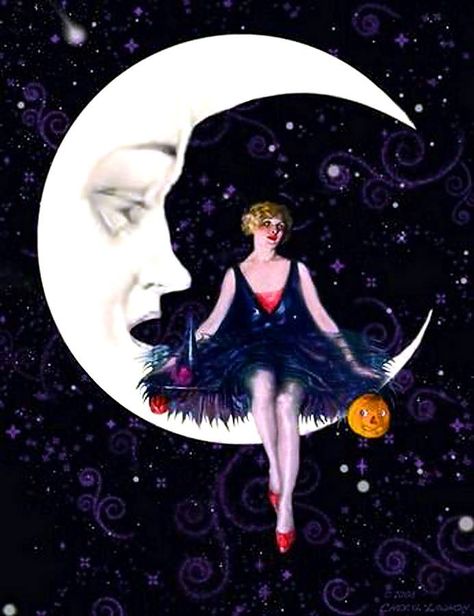 Art Deco Woman Sitting on Crescent Moon Holding Jack O Lantern Moon And Woman, Sun Moon Design, France Tattoo, Moon Madness, Goth Pinup, Sitting On The Moon, Vintage Celestial, Tattooed Lady, Moon Man