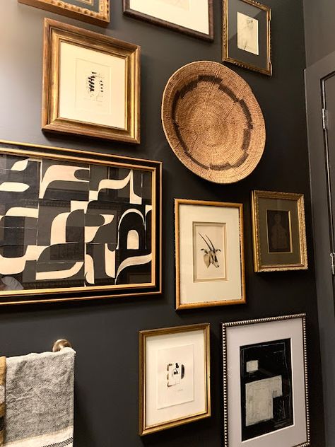 Artwork In Powder Room, Geek Chic Decor Interior Design, Decor For A Black Wall, Black Cabinet Powder Room, Art Pairing Ideas, Half Bath Artwork Wall Art, Gallery Wall Powder Room, Powder Bath Art, Art For Powder Room