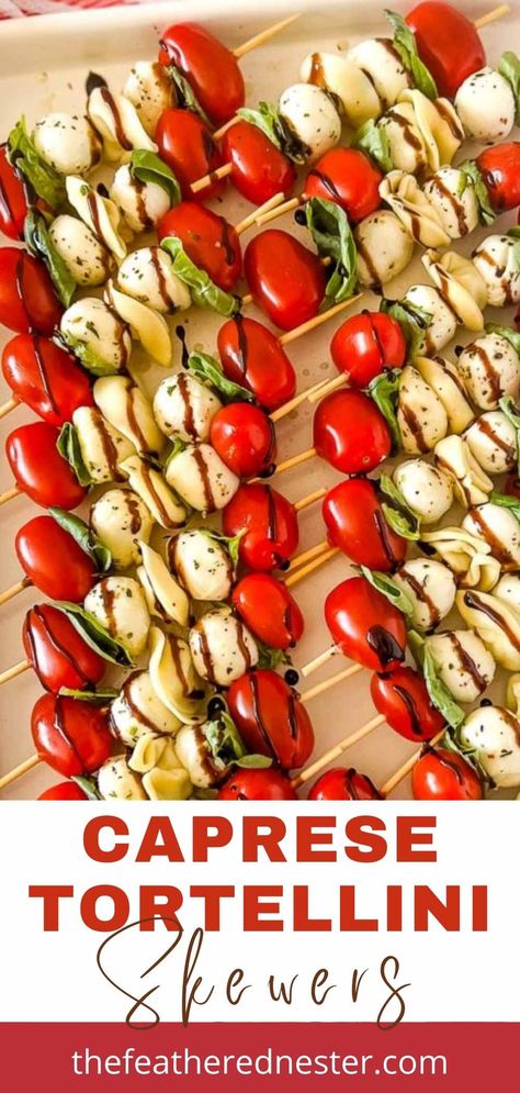 Looking for a delicious and easy tortellini appetizer? Look no further than these Tortellini Caprese skewers! These fun skewers are simple to make and taste amazing. Plus, they're perfect for any occasion - from birthday parties to game day gatherings. Everyone will love these Caprese skewers with balsamic drizzle. Antipasto Skewers With Tortellini, Tortellini Skewers Appetizers, Easy Skewer Appetizers, Bake Appetizers, Skewer Recipes Appetizers, Tortellini Appetizer, Boat Meals, Quick Party Appetizers, Easy Tortellini