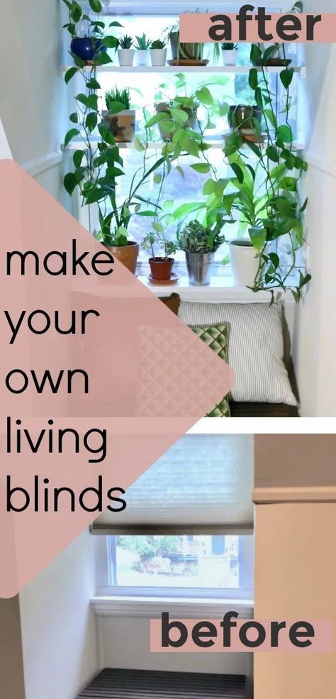 Looking for privacy or a way to decorate dormer windows? Look no further, because today I’m going to show you how to make these bohemian style living blinds! | Pretty Handy Girl | #prettyhandygirl #plants #indoorplants #homedecor #decoratingideas Living Blinds, Plants 101, Bohemian Style Living, Indoor Plant Display, Small Urban Garden, Window Plants, Paper Plants, Plant Display, Dormer Windows