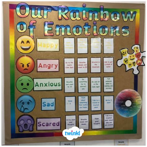 😊 🌈  The Rainbow of Emotions Display 🌈 😃 This emoji classroom display is a great way to encourage children to discuss how they're feeling and understand actions they can do when feeling a certain way - a perfect idea for a nurture room. Click to download Twinkl's Emjoi Display Pack to create your own display!   #emoji #rainbow #emotions #display #classroomdisplay #classroomideas #classroominspiration #teaching #teach #teachingresources #twinkl #twinklresources #classroom #backtoschool Emoji Classroom Theme, Emotions Board, Nurture Room, Primary Classroom Displays, Rainbow Theme Classroom, Nurture Group, Classroom Display Boards, Emotions Chart, Teaching Displays