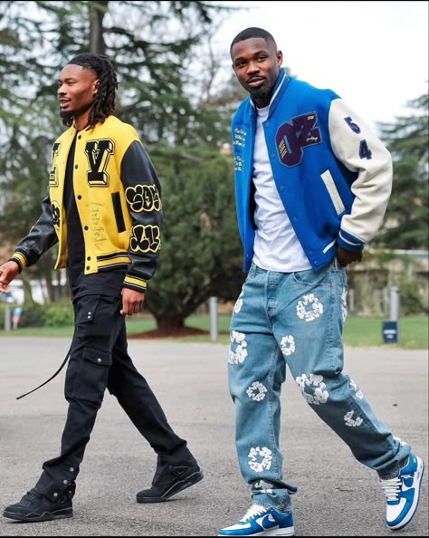 Yellow Outfit Streetwear, Black Mens Clothing Styles Streetwear, Nba Fits, Fashion Nova Men, Varsity Jacket Outfit, Yellow Outfits, Black Outfit Men, Drippy Outfit, Sports Outfits