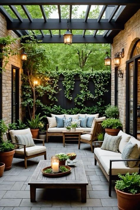 Backyard Cozy Ideas, Outdoor Courtyard Ideas, Home Patio Ideas, Balcony Inspiration, Outdoor Reading, Small Patio Design, Kolam Koi, Townhouse Garden, Courtyard Gardens Design