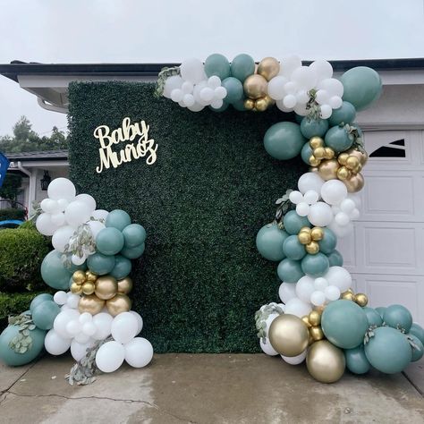 Balloons and Blooms LLC on Instagram: “How cute was this for a drive by baby shower our large hedge wall with customized logo and added balloons 😍😍😍💕✨✨✨✨ #hedgewall #logo #mirror…” Sage Green Balloon Arch, Jungle Safari Decorations, Green Balloon Arch, Logo Mirror, Hedge Wall, Bear Baby Shower Theme, Balloon Arch Kit, Safari Decorations, Green Baby Shower