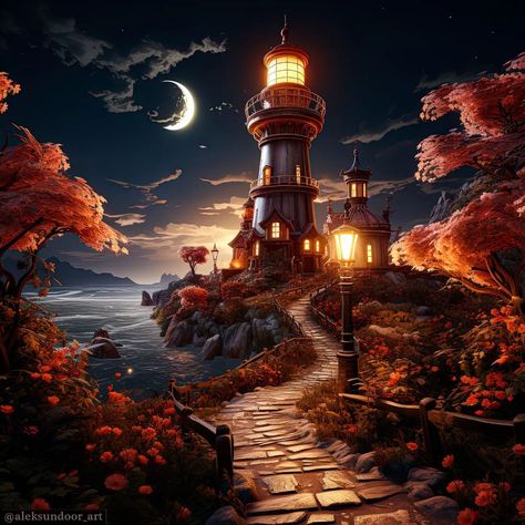 To the Lighthouse 🌌🌊🌠❤️ Background Esthetics, Fantasy Lighthouse, To The Lighthouse, Lighthouse Pictures, Lighthouse Art, Fantasy Castle, The Lighthouse, Fantasy Aesthetic, Scenery Wallpaper