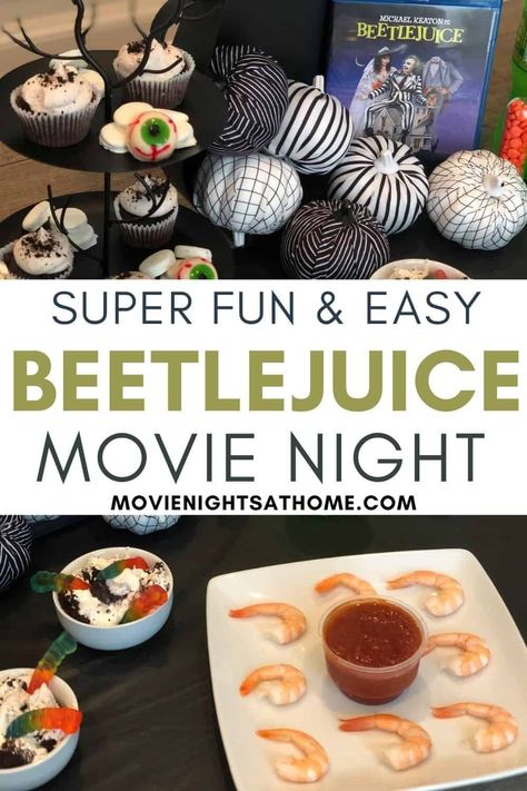 Haunted Mansion Recipes, Friday The 13th Dinner Ideas, Movie Themed Recipes, Beetlejuice Snack Ideas, Halloween Movie And Dinner Ideas, Halloween Movie Themed Dinner, Halloween Movie Dinner Theme Night, Beetlejuice Themed Food, Beetlejuice Food Ideas