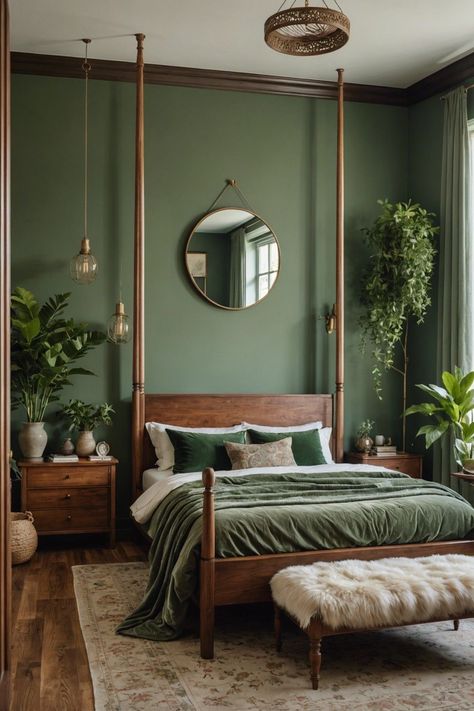 Boho Bedroom Decorations, Small Bedroom Green, Jade Green Bedroom, Boho Green Bedroom, Ariel Room, Bedroom 70s, Boho Style Bedroom Ideas, Sage Room, Earth Tone Bedroom