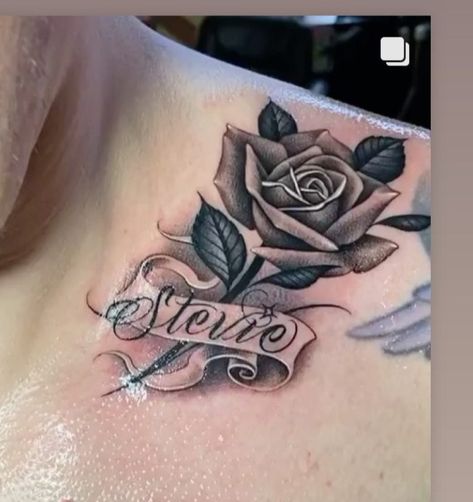 Rose Tattoo With Name On Chest, Rose And Name Tattoo Design, Rose With Names Tattoo, Roses With Names Tattoos, Rosa Name Tattoo, Rose And Name Tattoo, Rose With Name Tattoo, Rose Name Tattoo, Rose Tattoo With Name