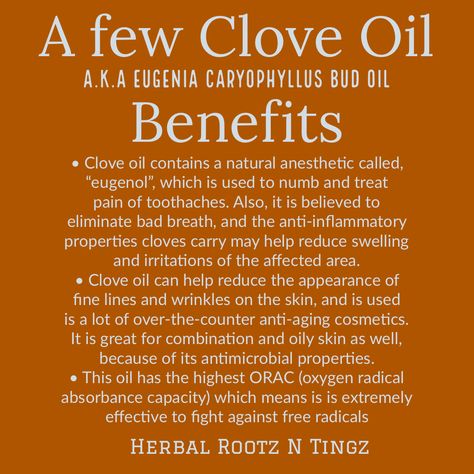 Clove oil has been used by our ancestors and is a powerful oil that is underrated. Our list of the few benefits clove oil provides can go on! Though it is always suggested before using clove oil (or any new herbal substance) to do your own research to ensure that is it right for you and your needs. —————————— #cloveoilbenefits #cloveoil #cloveoilforteeth #naturalremedies #naturalbeauty #healing #health #herbalism #herbalrootzntingz #drsebi Clove Oil For Teeth, Clove Oil Benefits, Herbal Remedies Recipes, Clove Essential Oil, Coconut Health Benefits, Water Benefits, Clove Bud, Clove Oil, Essential Oil Benefits