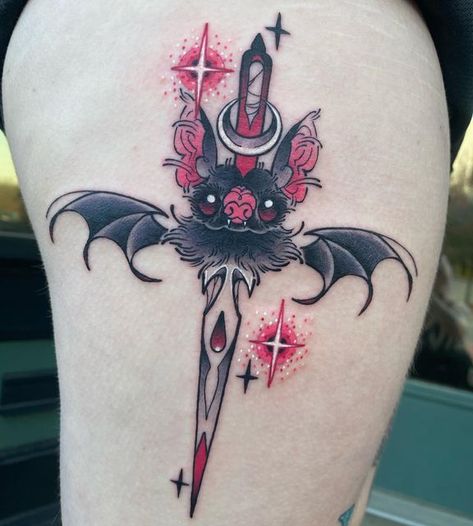 Colored Goth Tattoo, Colored Bat Tattoo, Goth Mom Tattoo, Collarbone Bat Tattoo, Bat Dagger Tattoo, Color And Black Tattoo, Cute Pink Tattoos, Black And Pink Tattoo, Draculaura Tattoo