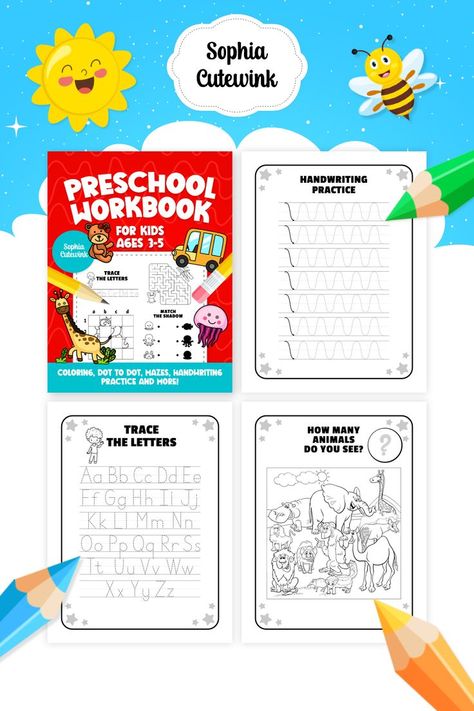 Preschool Workbook for Kids Ages 3-5: 40 Activity Pages by Sophia Cutewink Kids Graphic Design, Preschool Activity Books, Movie Journal, Preschool Workbooks, Activity Workbook, Kids Worksheets, Workbook Design, Kids Worksheets Preschool, Preschool Resources