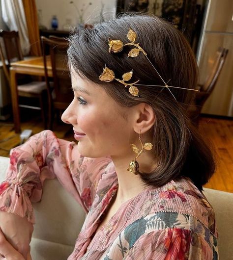 EPONA VALLEY on Instagram: "Rounding up some EV classics in excitement for #MetGala under a week away with maybe our favorite theme to date! #TheGardenofTime inspired by a J.G. Ballard short story 🌳🕰️🕊️🪽🪻💐" Epona Valley, Hair Circlet, Vine Earrings, Bun Wrap, Rose Vine, Messy Curls, Bridal Handbags, Rose Vines, Messy Buns