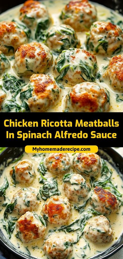 These Chicken Ricotta Meatballs in Spinach Alfredo Sauce are tender, flavorful chicken meatballs stuffed with ricotta cheese, served in a creamy spinach Alfredo sauce. A hearty and comforting meal that’s sure to impress! Ingredients: 1 lb ground chicken 1/2 cup ricotta cheese 1 cup spinach, chopped 1 cup Alfredo sauce A creamy and delicious twist on classic meatballs, ideal for dinner or meal prep Meatballs With Alfredo Sauce, Ricotta Recipes Healthy, Chicken Spinach Ricotta, Chicken Ricotta Meatballs, Spinach Alfredo Sauce, Recipes Using Ricotta Cheese, Recipe Using Ricotta, Classic Meatballs, Chicken Spinach Recipes