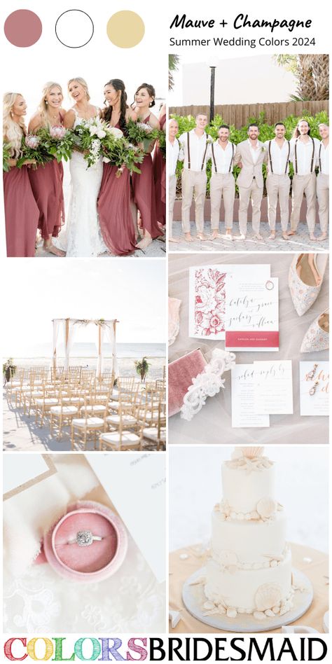 mauve and champagne wedding colors for 2024, mauve bridesmaid dress, white bridal gown, champagne groomsmen suits, wedding invitation with mauve cover, wedding ring in a mauve box, white wedding cake dotted with shell, champagne wedding chairs. #weddings #weddingideas #bridesmaiddresses #summerwedding #colsbm #2024 #mauvewedding #champagnewedding Mauve And Champagne Wedding, Champagne Groomsmen, Beach Wedding Color Palette, Wedding Cake Peach, December Images, Palette Summer, Pantone Wedding, Romantic Wedding Colors, Champagne Wedding Colors