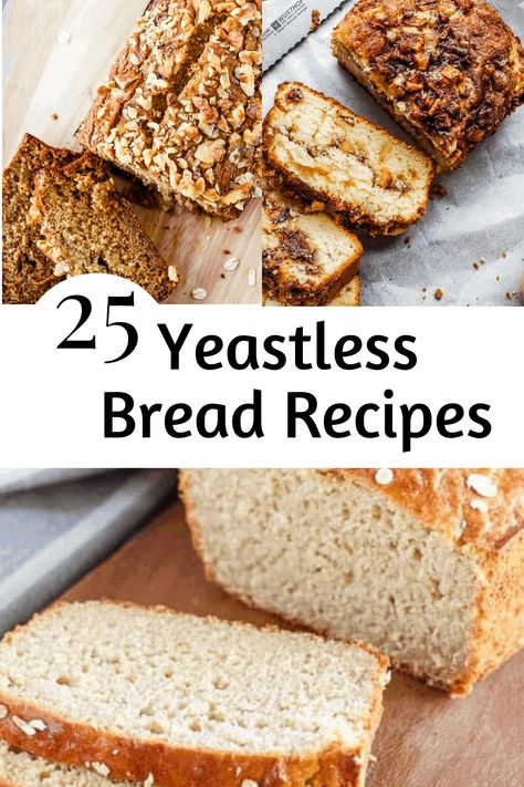 No yeast in the house? You're in the right place. I could live off of freshly baked bread with real butter spread generously on a slice cut just the right thickness. I don't bake bread as often as I did prior to my fitness journey, so actually having a pack of yeast that hasn't expired in my cabinet is a rare occurrence. Another fact about me is I love putting together great recipe lists such as these no yeast bread recipes as my go-to when looking for the perfect bread directions Yeastless Bread Recipes, No Yeast Bread Recipes, Yeastless Bread, Homemade Bread Without Yeast, Fall Bread Recipes, Yeast Free Recipes, Easy Sourdough Bread Recipe, Yeast Free Breads, Cinnamon Bread Recipe