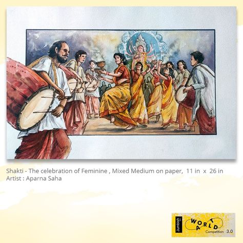 ’Shakti - the celebration of feminism’ by "Aparna Saha" shows a lively celebration by followers of Goddess Durga. In this painting, women are seen dancing in traditional Bengali attire as men play the Dhaki folk drums. #Jumbish #PaintYourWayToFame #JumbishCreations #Artist #Painting #Art #ArtWork Durga Puja Painting Composition, Durga Puja Celebration Drawing, Durga Puja Composition Drawing, Durga Puja Drawing Competition, Festival Composition Painting, Festival Memory Drawing, Bengali Attire, Human Composition, Object Composition