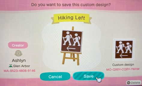 animal crossing hiking trail sign - Google Search Animal Crossing Hiking Trail, Acnh Signs, Acnh Idea, Animal Crossing Qr Codes, Trail Signs, Animals Crossing, Acnh Designs, Qr Codes Animal Crossing, Fishing Signs