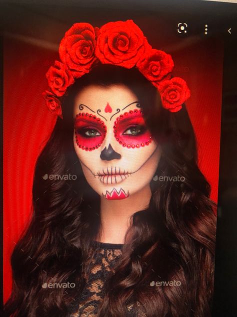 Red Day Of The Dead Makeup, Mexican Halloween Costume, Glitter Halloween Makeup, Sugar Skull Face Paint, Catrina Makeup, Mexican Halloween, Skull Face Paint, Sugar Skull Face, Dead Makeup