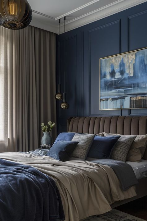 14 Black and Blue Bedrooms for a Modern Look! - My Decor Inspo Deep Blue Bedding, Grey Luxury Bedroom, Blue Feature Wall Bedroom, Blue Kitchen Interior, Dark Boho Living Room, Cozy Eclectic, Blue Bedrooms, Blue Gray Paint Colors, Navy Blue Bedrooms