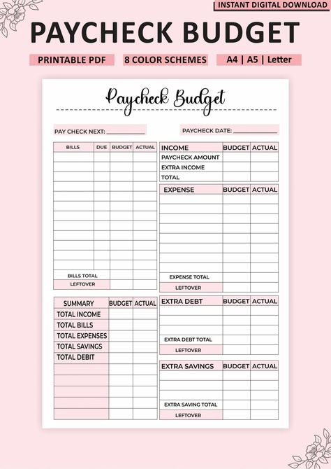 Get your finances in order with this easy-to-use paycheck budget planner. Includes a printable spreadsheet and tracker to help you stay on Paycheck Tracker, Paycheck Planner, Money Journal, Life Organisation, Life Organization Binder, Budget By Paycheck, Paycheck Budget, Budget Planner Template, Weekly Budget