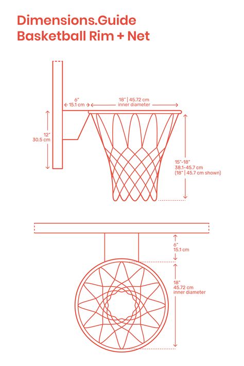 Basketball rims are orange painted goals attached to the backboard in a game of basketball. Basketball rims have an inner diameter of 18” | 45.72 cm. Nets are hung from the bottom of the rim with lengths between 15”-18” | 38.1-45.7 cm. Basketball rims are mounted 10’ | 3.05 m from the court floor. Downloads online #basketball #sports #nba #rim #nets Basketball Rim Ideas, Basketball Ground, Basketball Court Size, Basket Training, Diy Basketball, Basketball Court Backyard, Backyard Basketball, Basketball Ring, Outdoor Basketball Court