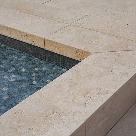 Raised Pool Coping, Liquid Limestone Around Pool, Limestone Pool Coping, Pool Deck Stone, Limestone Pool Deck, Pool Coping And Tile, Pool Coping Ideas, Stone Around Pool, Limestone Pool